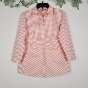 Lafayette 148 Women's Size 8 Leigh Gingham 3/4 Sleeve Cotton Blend Top Blouse